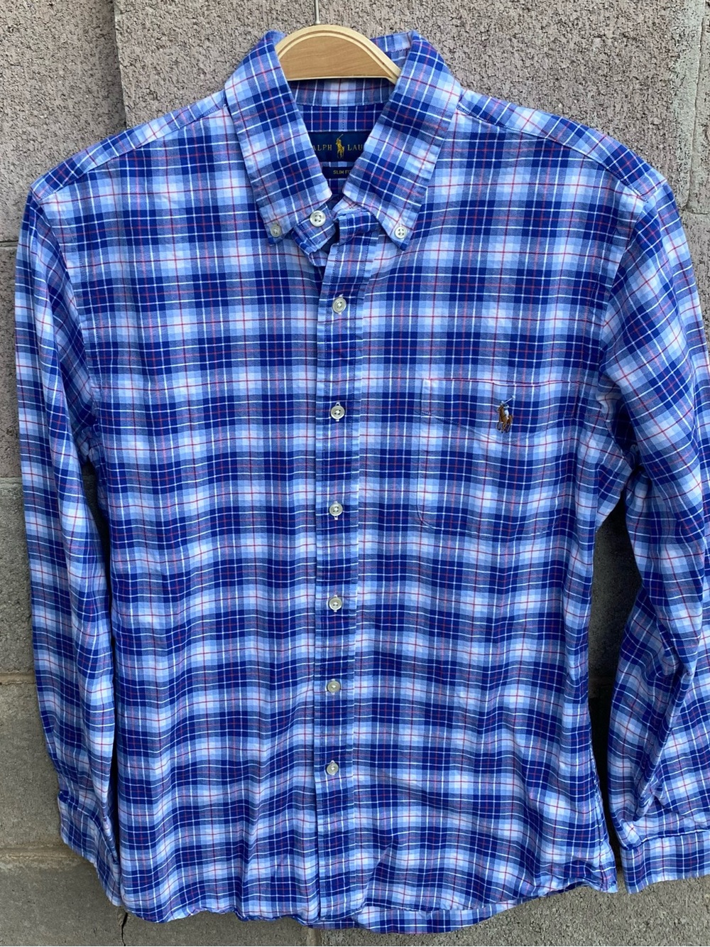 Vtg Ralph Lauren Button Shirt Medium Slim Fit Blue Plaid Long Sleeve Pony Preppy